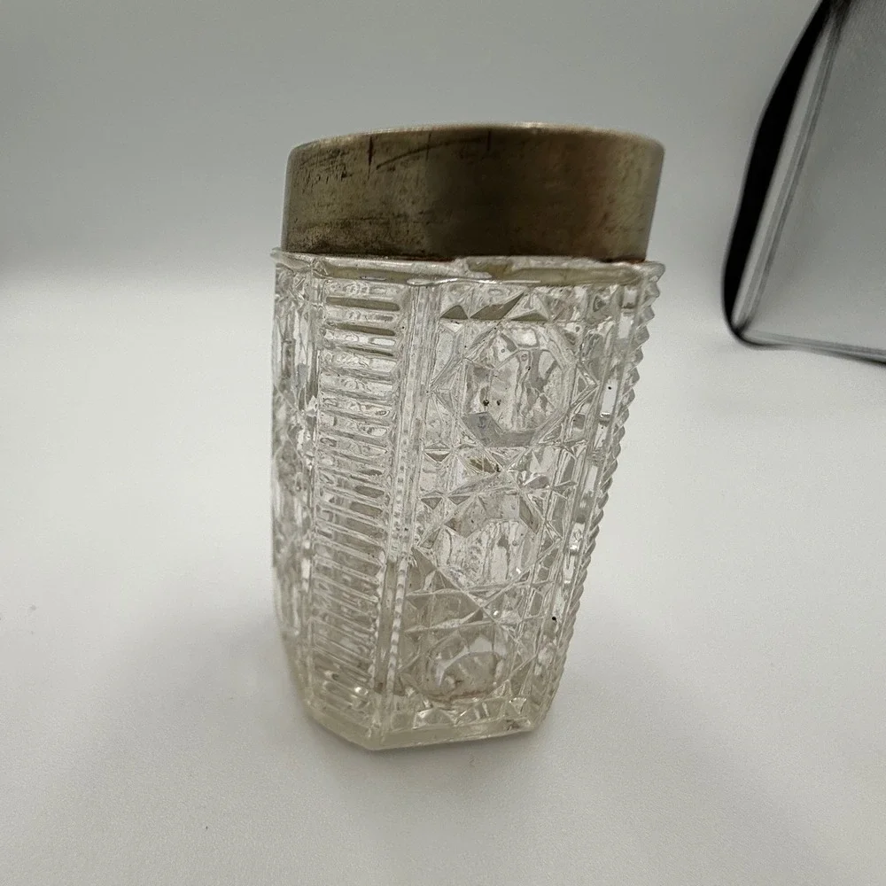 Vintage Antique Cut Glass Vanity Dresser Pot Jar Silver Tone Victorian Starburst